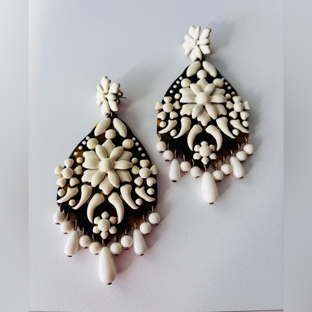 J. Crew Factory Black and Cream Floral Filigree Dangle Earrings